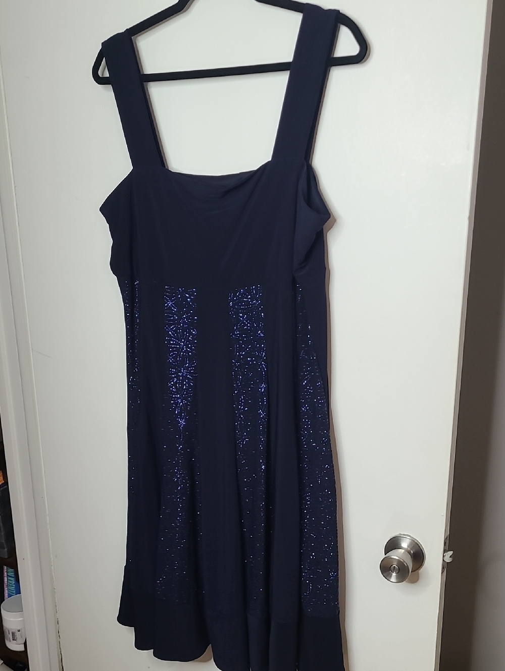 R&M Richards Navy Glitter Panel Midi Dress with Wide Straps